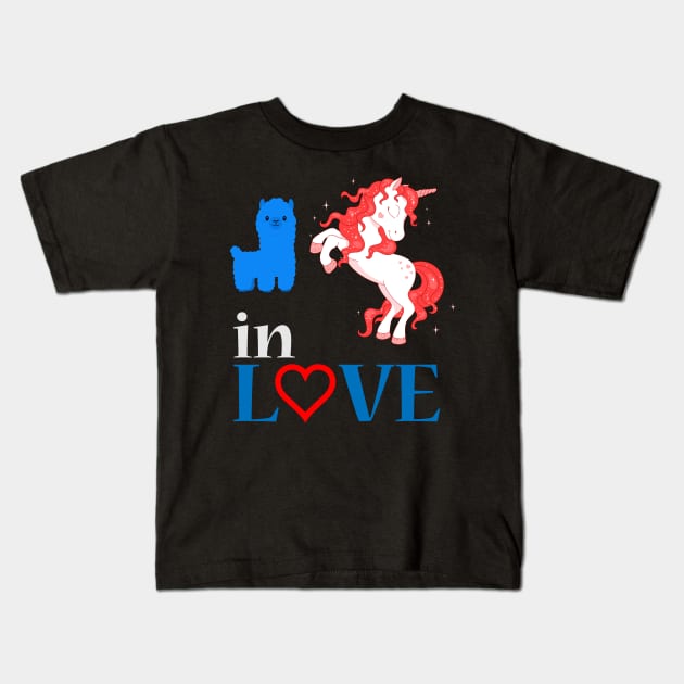 Alpaca Llama and Unicorn Love Kids T-Shirt by Imutobi